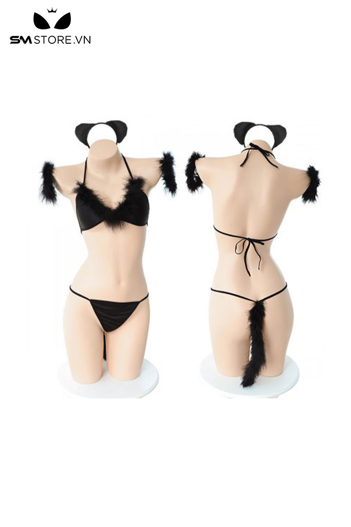 Set bikini cosplay mèo màu đen đính bông sexy quyến rũ - SMS482