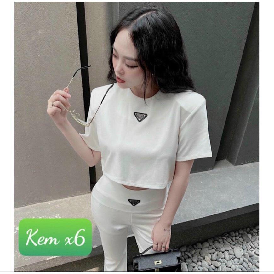 SET ĐI CHƠI, SET 2 MÓN ÁO CROPTOP CỔ TRÒN TAY NGẮN CRT PHỐI QUẦN ỐNG LOE CỰC SANG CHẢNH - White