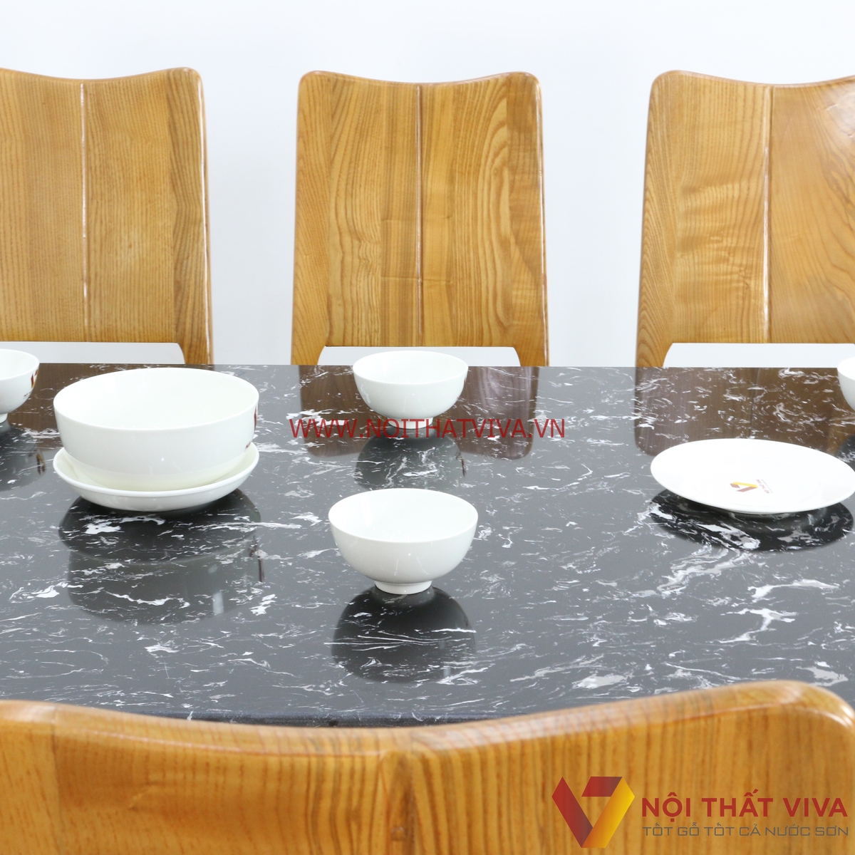 Bộ Bàn Ăn 6 Ghế Gỗ Sồi Nga Màu Vàng Mặt Đá Đen Tràn Gọn Đẹp Giá Rẻ