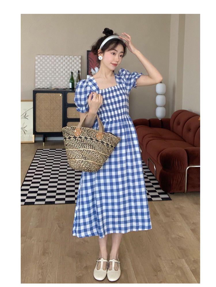 TOBE1SHOP Thanh lịch Port Wind Vintage kẻ sọc ăn vuông cổ thắt lưng sọc đi lại khí chất ngọt ngào bong bóng tay áo váy