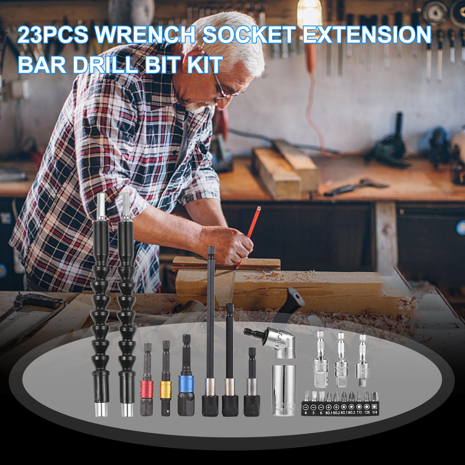 Geevorks 23pcs Wrench Socket Extension Bar Kit Universal Socket Wrench Tool Set Hex Shank 105° Right Angle Adapter Drill Attachment and Die Pipe Wrench Flexible Drill Bits Soft Shaft Drill Bit Holder Extension 1/4 3/8 1/2 Inch Universal Socket Adapter