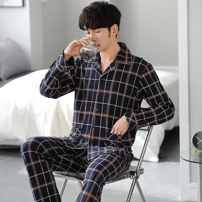 2504- Bộ Pijama nam dài tay cao cấp, chất cotton 100% mềm - thoáng, họa tiết kẻ caro nam tính khỏe khoắn, size L-3XL