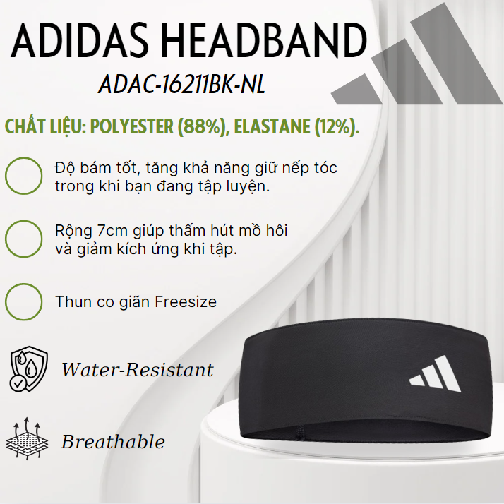Băng Đô Thể Thao Chính Hãng ADIDAS ADAC-16211BK-NL Headband (1 Sợi) - Thun Co Giãn Cao Cấp