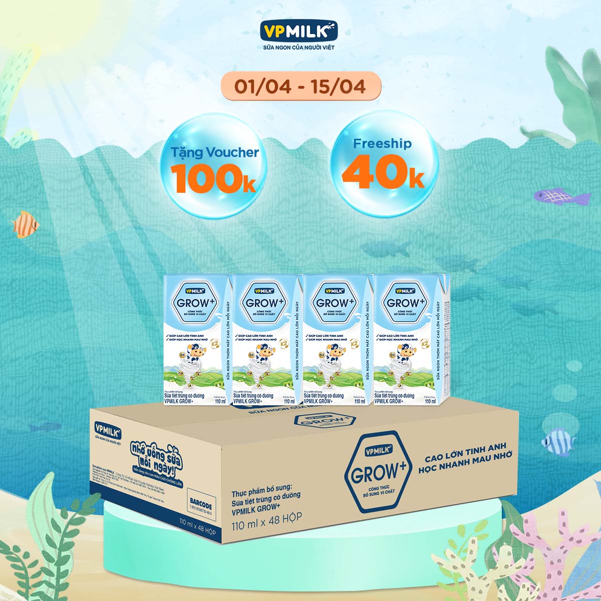 Sữa Tiệt Trùng Có Đường VPMilk Grow+ Hộp 110ml (Thùng 48 Hộp)