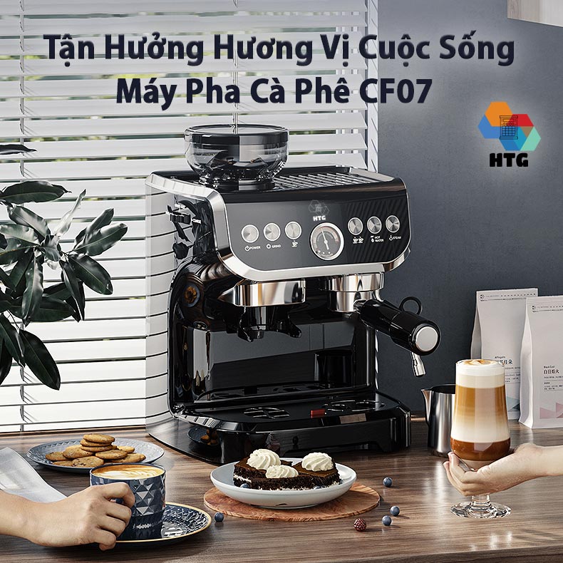 Máy pha cà phê xay hạt CF07 tích hợp xay nghiền hạt 15 mức độ, chế độ Tự Động, điều chỉnh định lượng tùy ý, Áp suất 19 Bar, công suất 1560W