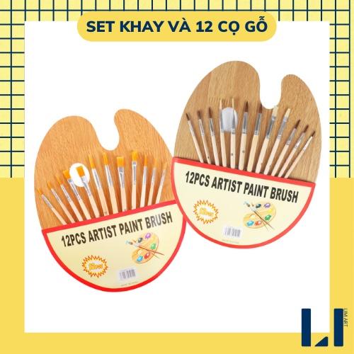 Set khay đựng màu và bộ 12 cọ vẽ bằng gỗ chuyên dụng vẽ tranh màu nước, acrylic, gouache, sơn dầu