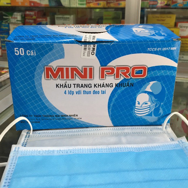 Khẩu Trang Kháng Khuẩn Mini Pro Xanh 4 Lớp 50 Cái - Hàng Chính Hacng