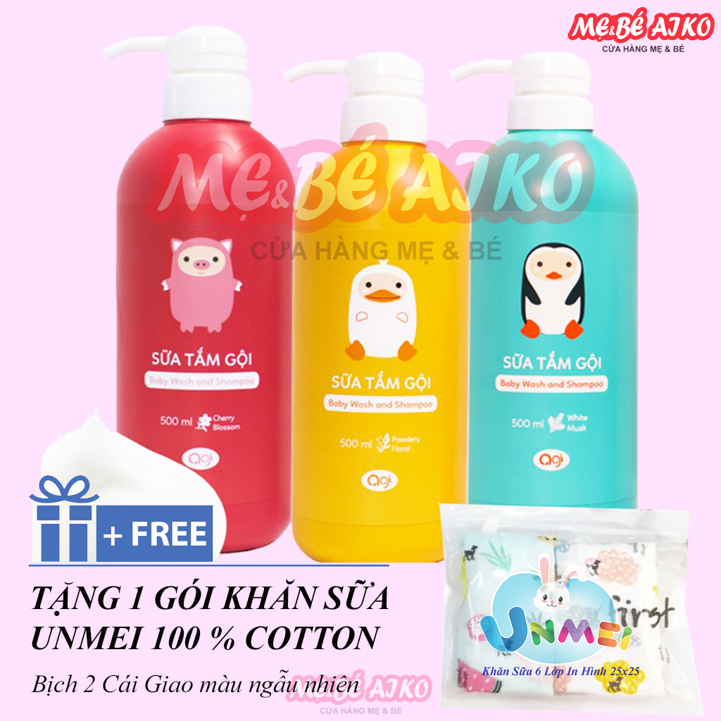 Combo 3 Chai Tắm Gội Agi 500ml Dành Cho Bé Tặng Kèm Bịch Khăn Sữa Unmei In Hình 6 Lớp