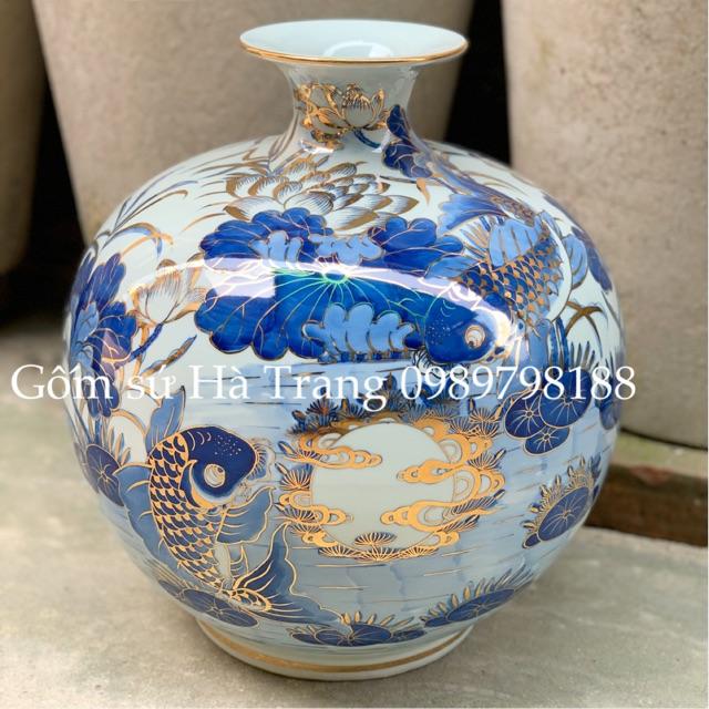 Bình hút tài lộc size to cao 38cm gốm sứ Bát Tràng cao cấp vẽ vàng 24K hoạ tiết cá chép trông trăng
