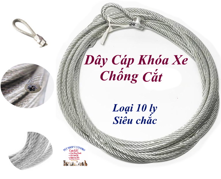 Dây cáp khóa xe Loại 10 ly Dài từ 4m đến 10m Bọc nhựa Lõi cáp thép Siêu bền, Siêu chắc, An toàn, Chống cắt, Chống trộm