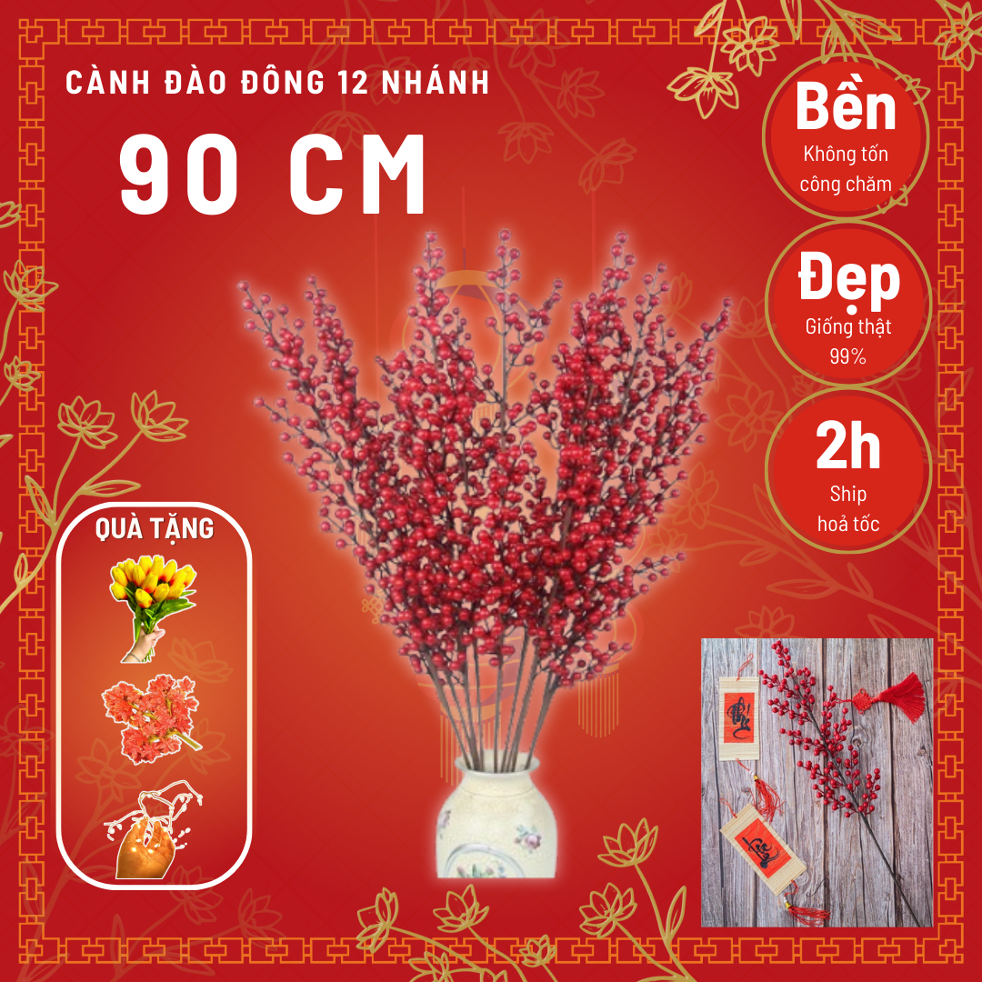 Cành đào đông đỏ giả - Size từ 70cm đến 90cm - Cây giả, hoa lụa Decor trang trí nhà cửa