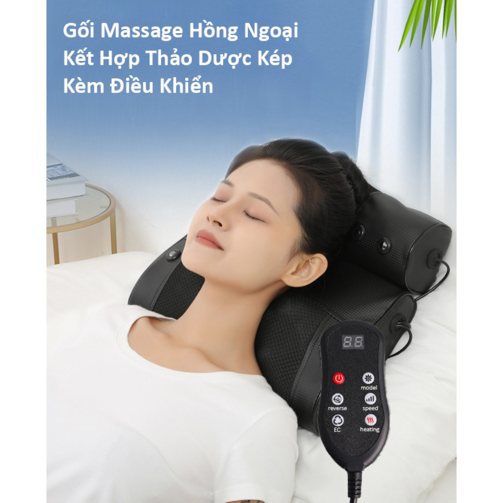 Gối Massage Hồng Ngoại RULAX 20 Bi Cao Cấp RL04 Kết Hợp Thảo Dược, Có Túi Khí Co Bóp, Điều Khiển Tay Độc Lập