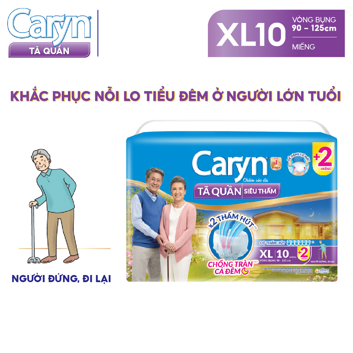 [TẶNG KÈM 2 MIẾNG] Tã/Bỉm Quần Người Lớn Caryn siêu thấm dành Cho Người Già đứng và đi lại được cần người trợ giúp Size  XL 10 miếng