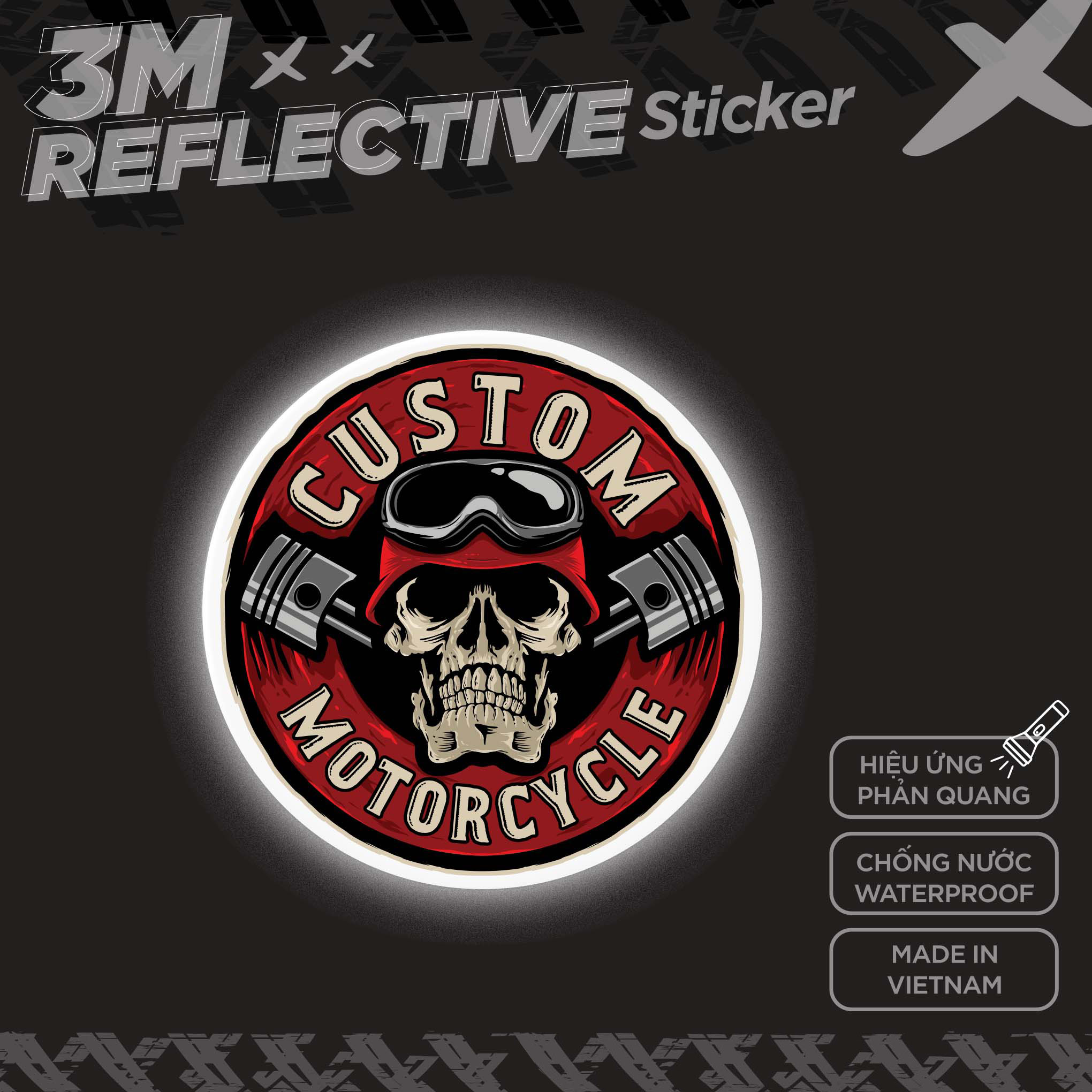 SKULL CUSTOM MOTORCYCLE LOGO 3M - Reflective Sticker Die-cut Hình dán phản quang STICKER FACTORY