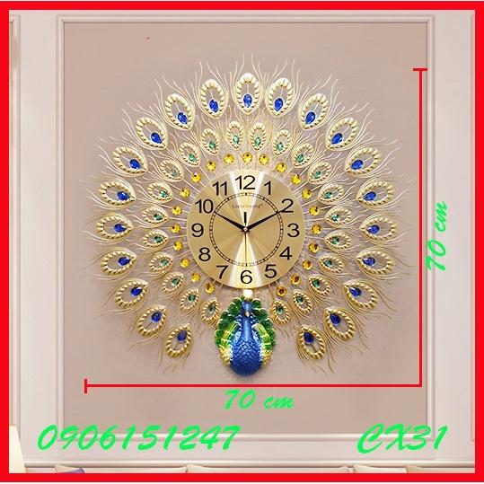 Đồng hồ treo tường trang trí decor chim công CX31 Khổng Tước vàng kích thước 70 x 70 cm