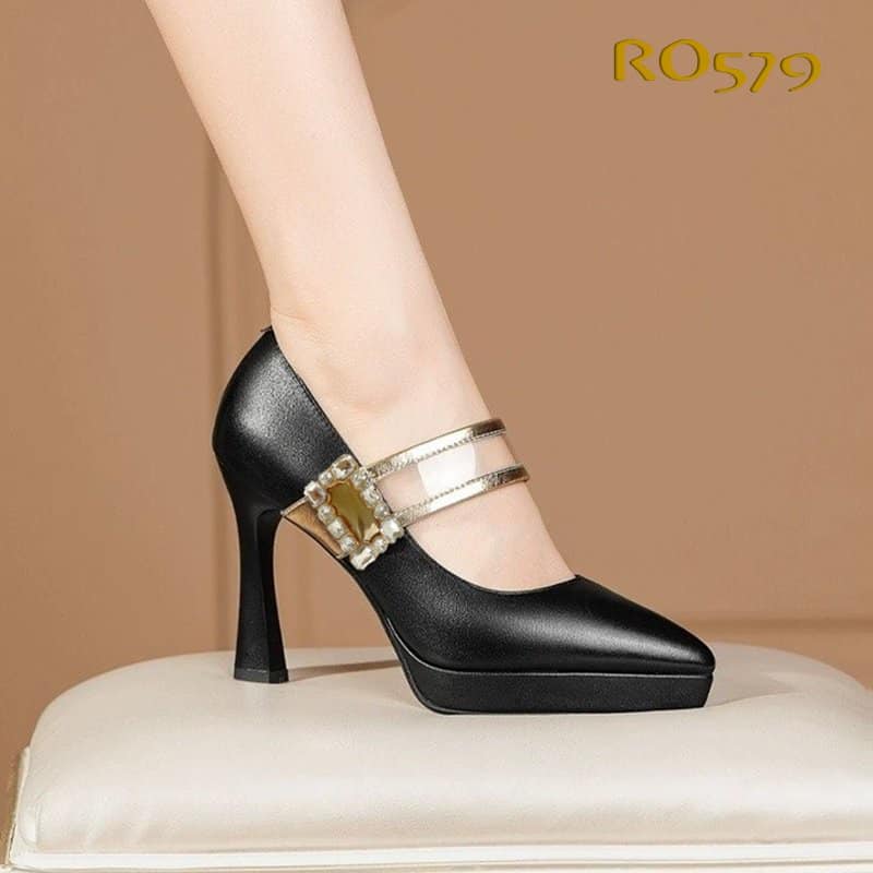 Giày cao gót nữ đẹp đế vuông 9 phân hàng hiệu rosata hai màu đen trắng ro579