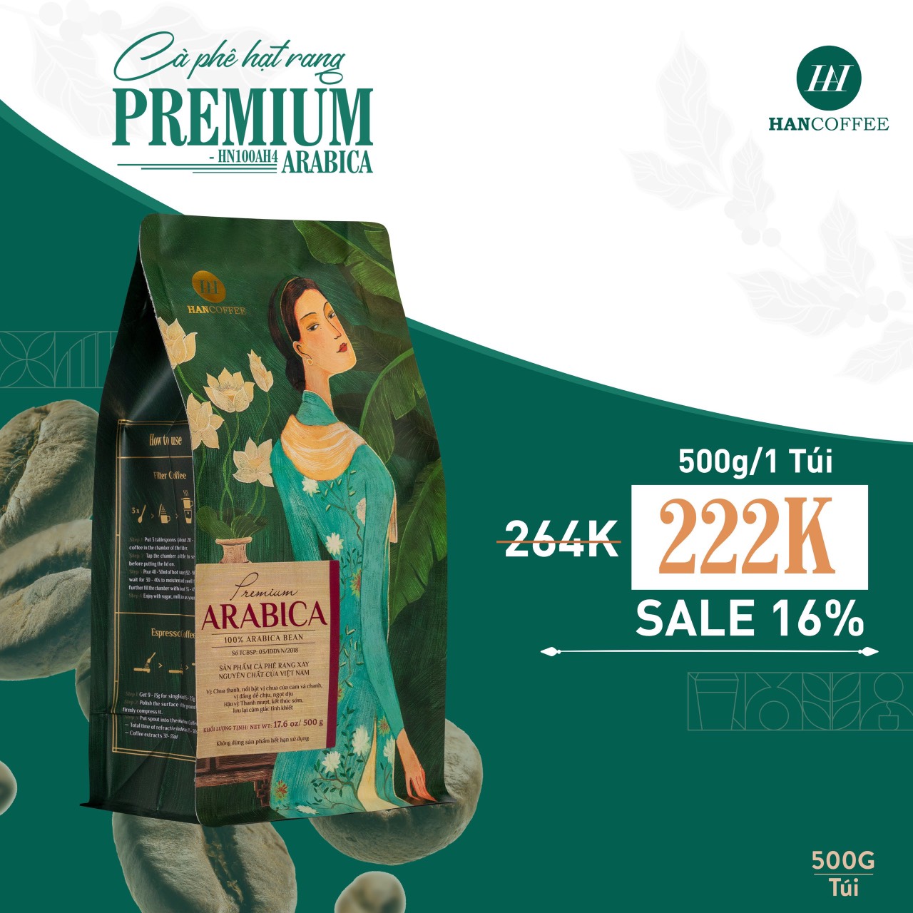 Cà Phê Premium Arabica Rang Mộc 100% HANCOFFEE Đắng Vừa Phải, Chua Nhẹ, Ngọt Dịu Pha Máy 500g