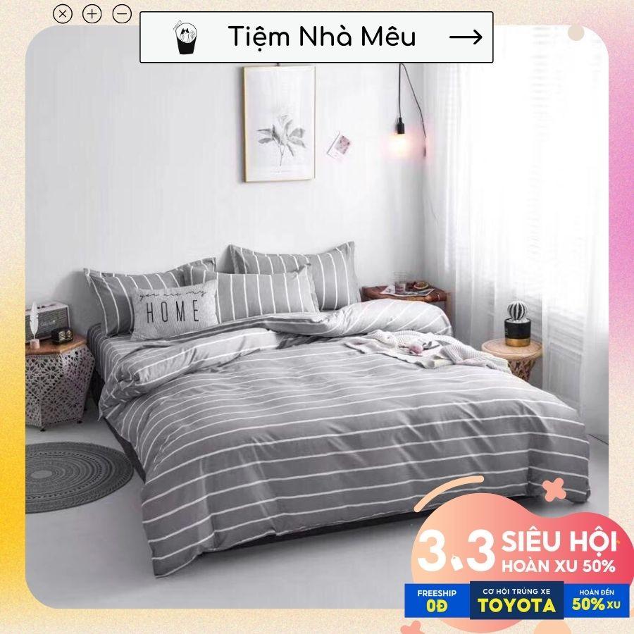 Bộ Chăn Ga Gối Cotton 3D m6/m8/2m - Full size Tiệm Nhà MêuSet 4 Món 2 Vỏ gối ,drap vỏ chăn Kẻ Xám Đơn Giản Nhập Khẩu