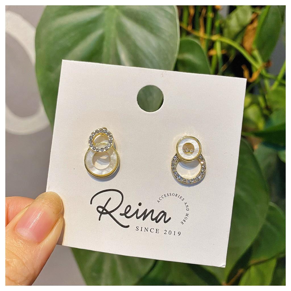 Khuyên tai nữ phong cách hàn quốc Zircon hình tròn bất đối xứng vàng ánh kim Reina đính hạt cao cấp