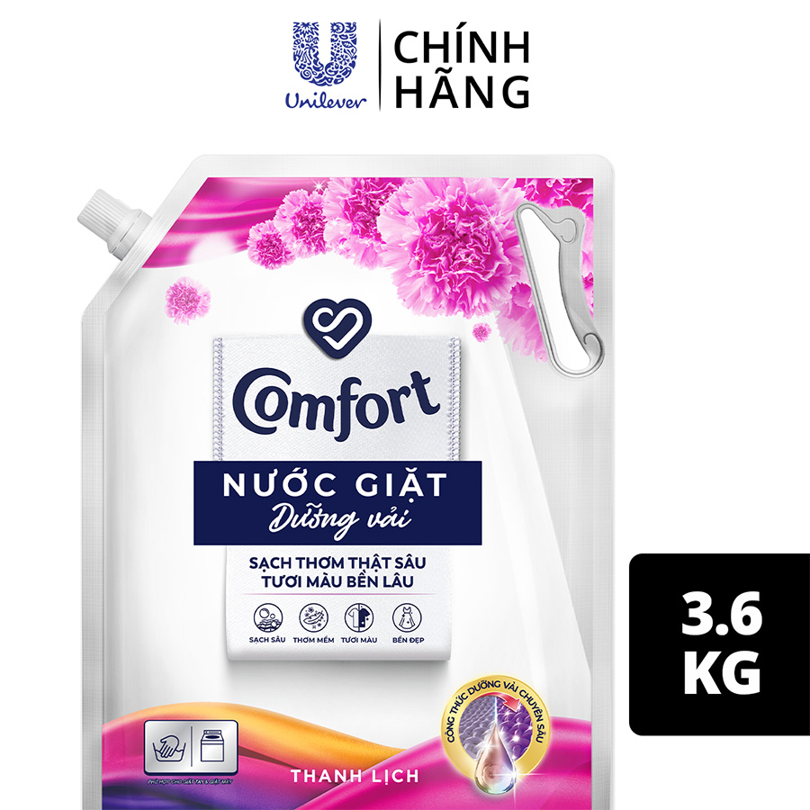 Nước giặt dưỡng vải Comfort Nước giặt xả đa chức năng hương Thanh Lịch giúp quần áo sạch thơm &amp; tươi màu Túi 3.8kg