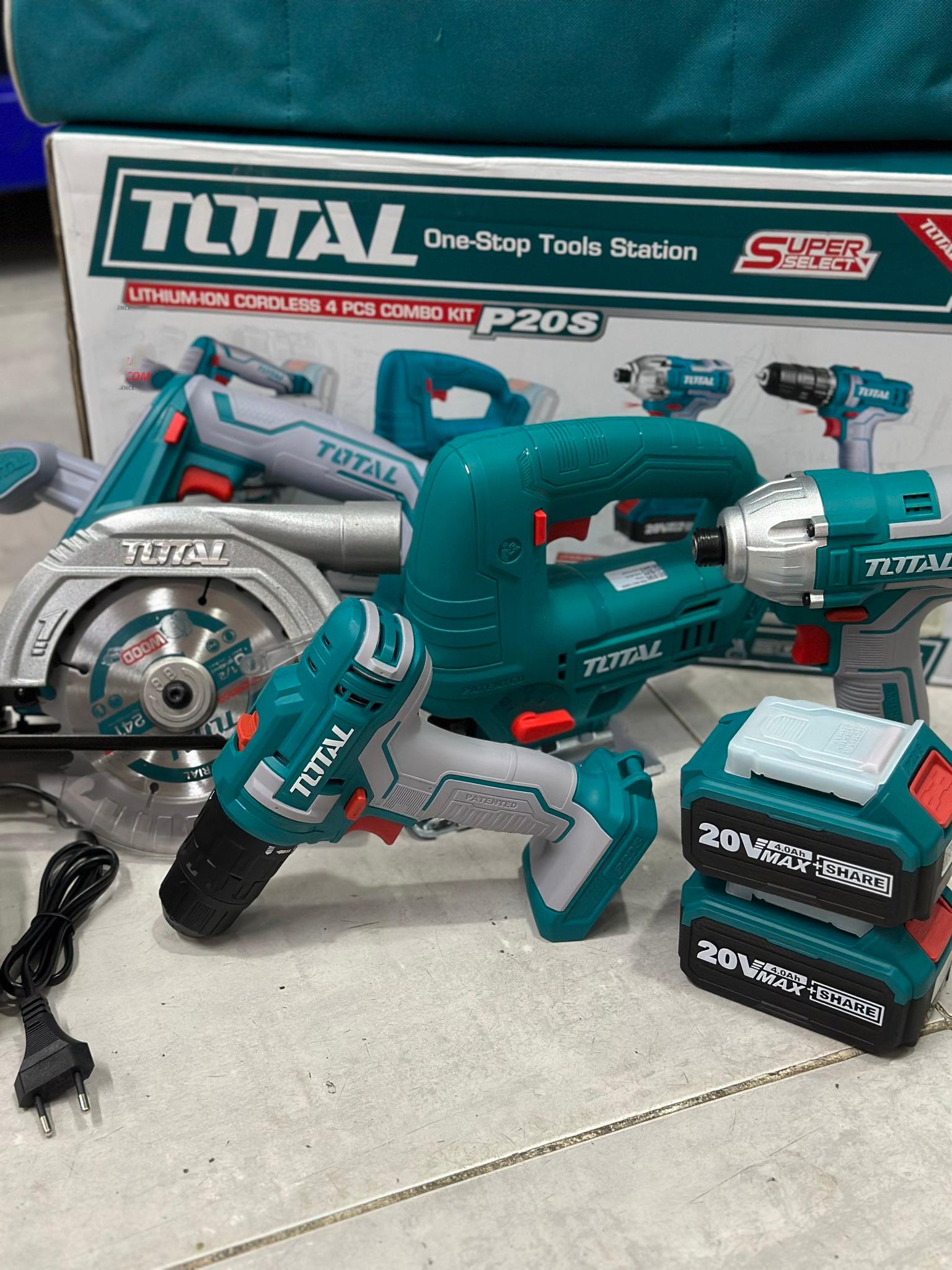 BỘ COMBO 4 MÁY GỒM CƯA ĐĨA TRÒN , CƯA LỌNG , SIẾT VÍT VÀ KHOAN DÙNG PIN LITHIUM 20V TOTAL TCKLI20104 - HÀNG CHÍNH HÃNG