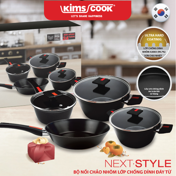 Bộ nồi chảo cao cấp Next Style đáy từ hợp kim nhôm chống dính Kims Cook 07 món