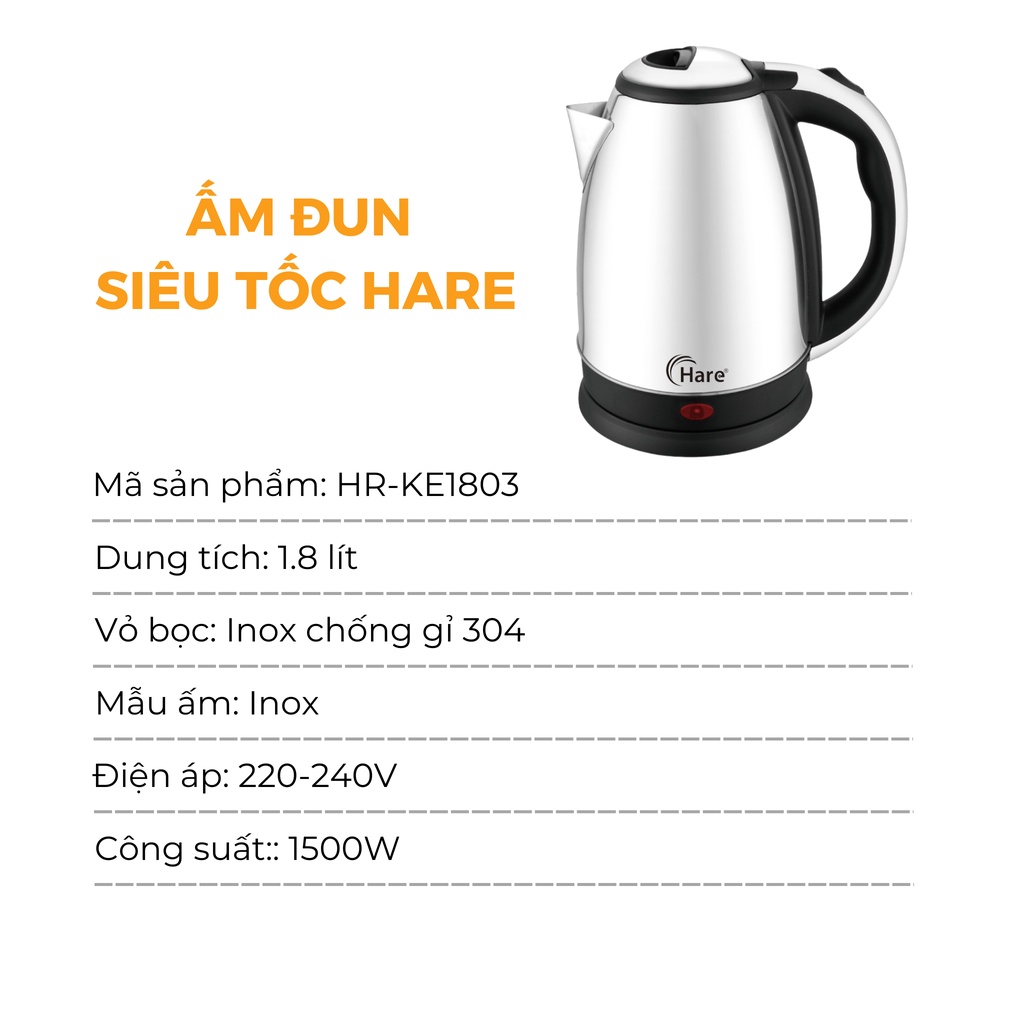 Ấm đun siêu tốc HR-KE1803 (1.8L) - hàng chính hãng thương hiệu Hare - bảo hành 12 tháng