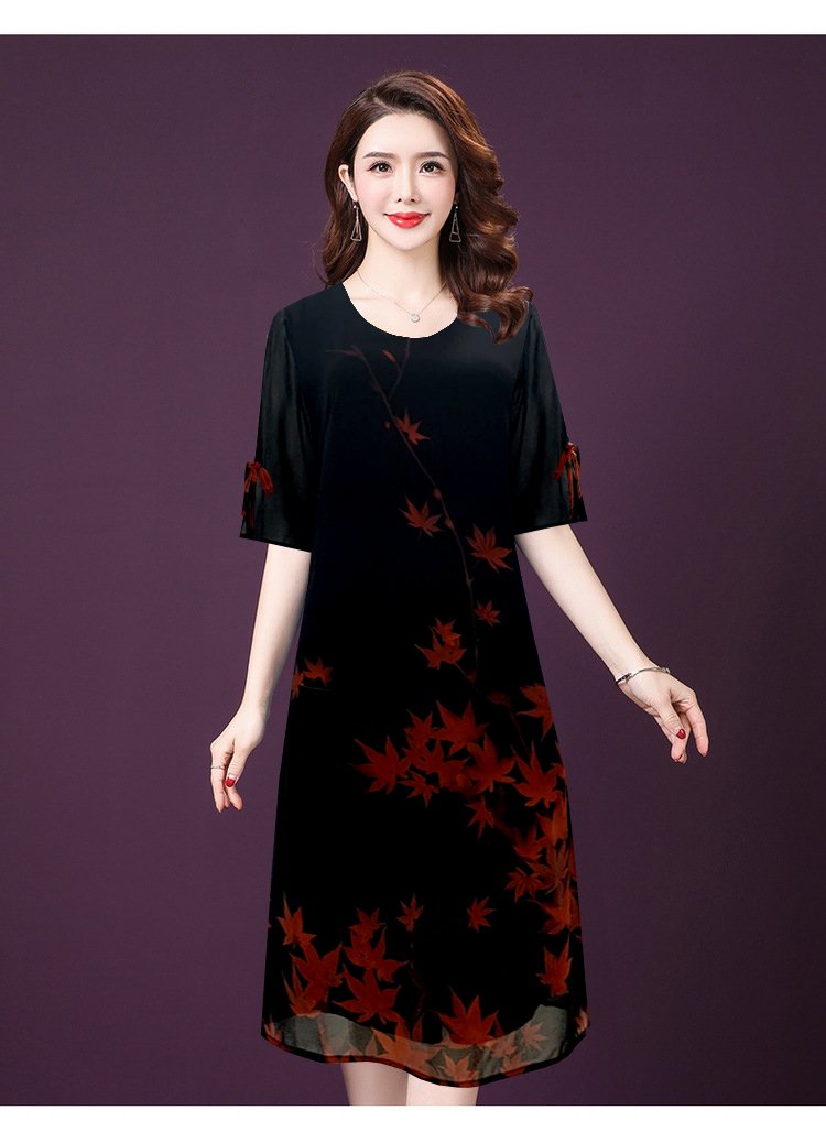 ĐẦM SUÔNG IN LÁ PHONG PHỐI TAY CỘT NƠ
