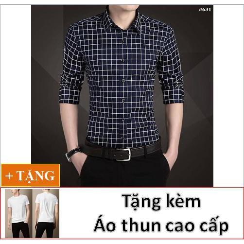 ÁO SƠ MI CARO NAM DÀI TAY THỜI TRANG CAO CẤP AKHOI967+ TẶNG KÈM ÁO THUN TRƠN( TRẮNG/ĐEN)