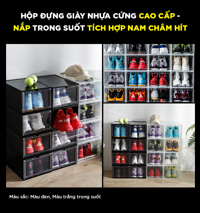 1 HỘP ĐỰNG GIÀY NHỰA CỨNG CAO CẤP -NẮP TRONG SUỐT TÍCH HỢP NAM CHÂM HÍT-MÀU ĐEN