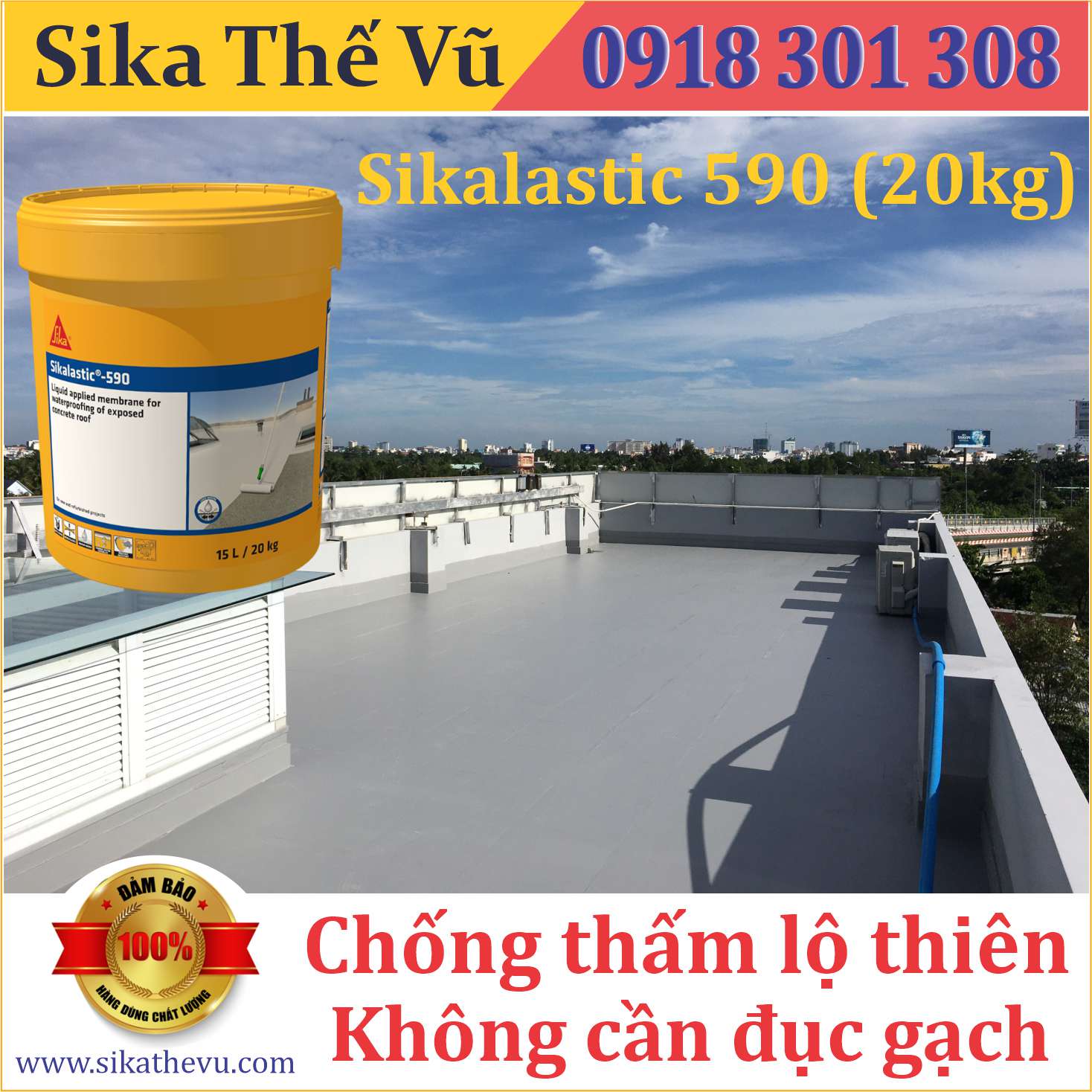 Chống thấm không cần đục gạch, chống thấm sân thượng, sàn mái lộ thiên - Sikalastic 590 (thùng 20kg)