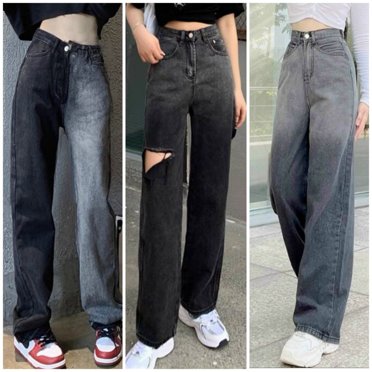 Quần bò ống rộng nữ quần jeans ống rộng suông đứng màu xám loang khói dáng suông vải bò dày đẹp cao cấp