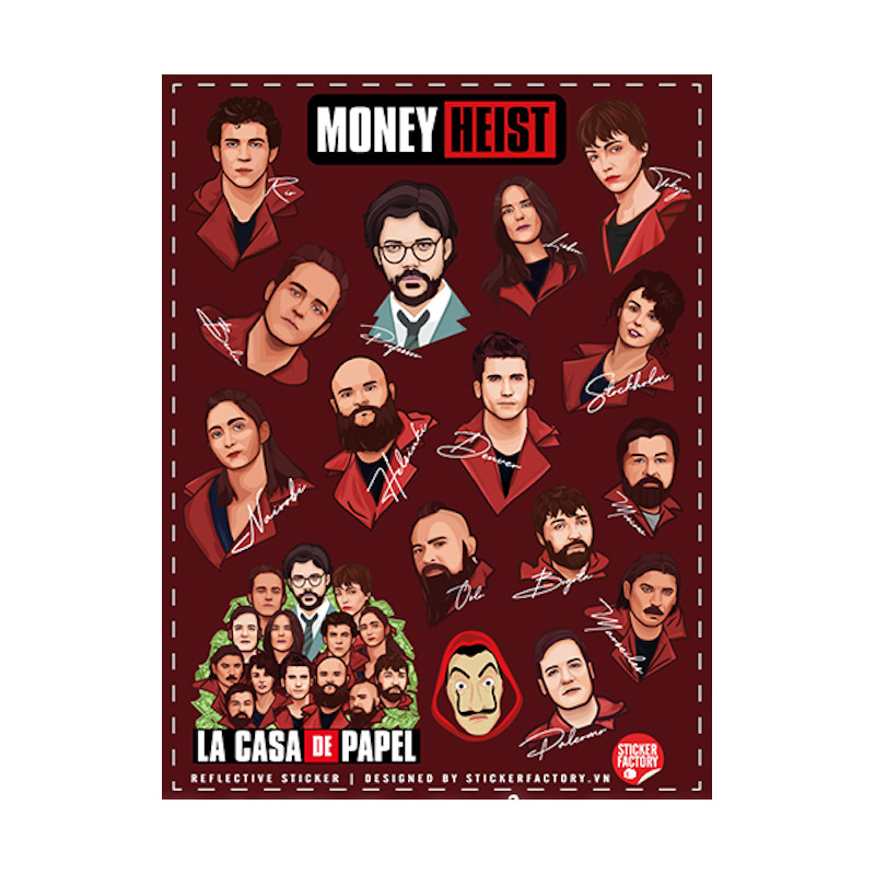 14 Characters Money Heist - Reflective Sticker hình dán phản quang 3M Premium