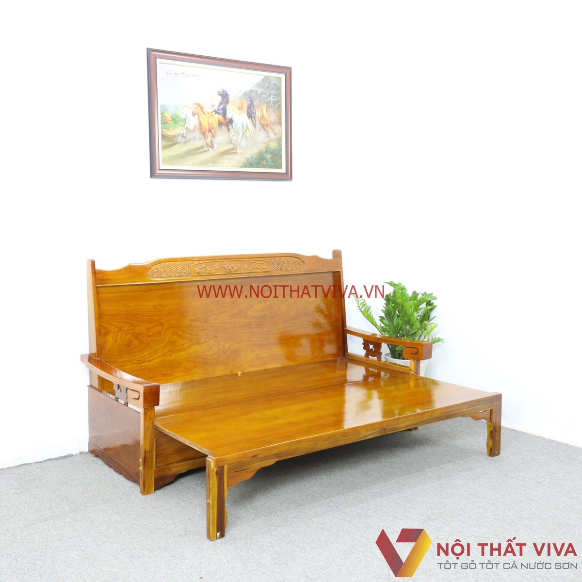 Ghế Trường Kỷ Kéo Ra Thành Giường Gỗ Xoan Đào Chạm Phúc Lộc Thọ -  200cm x 70cm x 116cm (dài x rộng x cao) / Mở ra thành giường: 185cm x 140cm x 116cm(dài x rộng x cao)