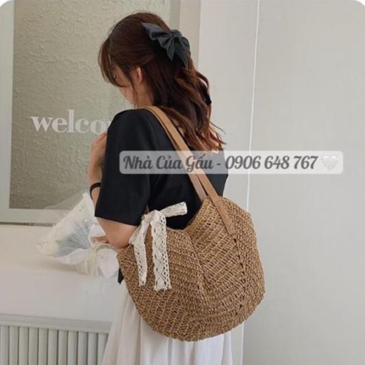 Túi cói tròn dây da form to mix nơ ren phải nói xinh xỉu luôn í