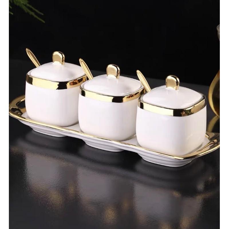 Bộ gia vị sứ 2 màu xanh và trắng kèm khay thìa cao cấp