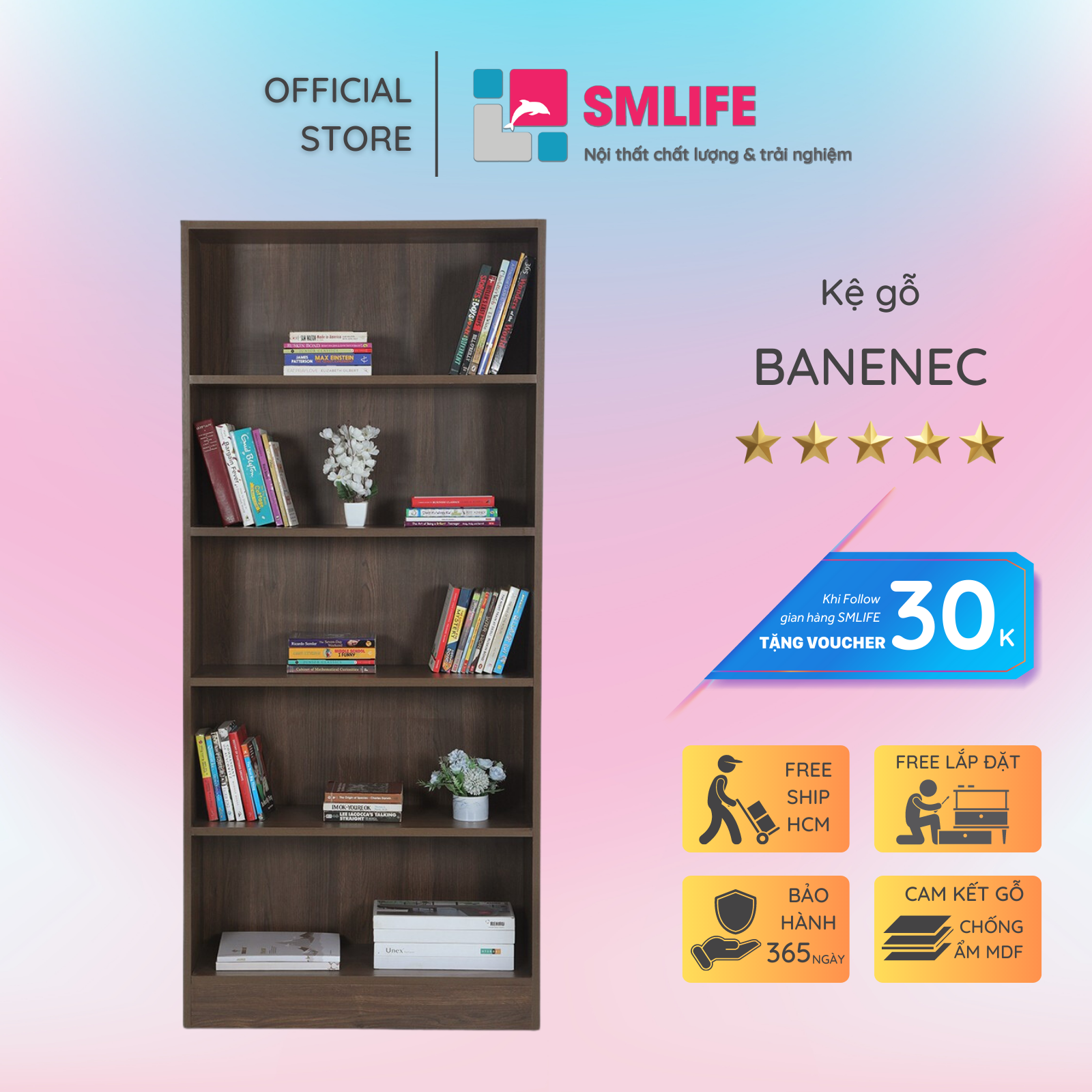 Kệ sách, kệ trang trí gỗ hiện đại SMLIFE Banenec | Gỗ MDF dày 17mm chống ẩm | D80xR28xC180cm