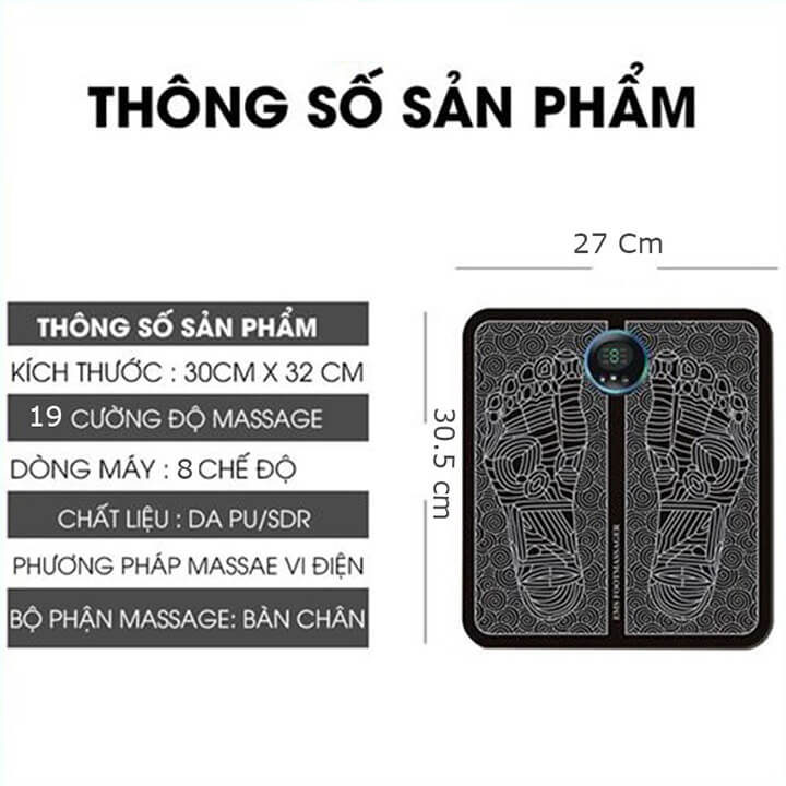 Thảm Massage Chân Xung Điện EMS Có Đèn Led Hiển Thị, 8 Chế Độ Mát Xa Bàn Chân, Giúp Lưu Thông Khí Huyết, Giảm Đau Mỏi