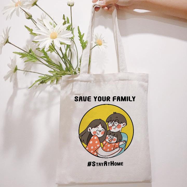 Túi Tote Vải Canvas Stay At Home Có Khóa Miệng Túi