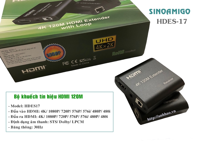 Bộ kéo dài HDMI 4K, 120m qua cáp mạng lan Sinoamigo HDES17 (2 thiết bị) - Hàng Chính Hãng