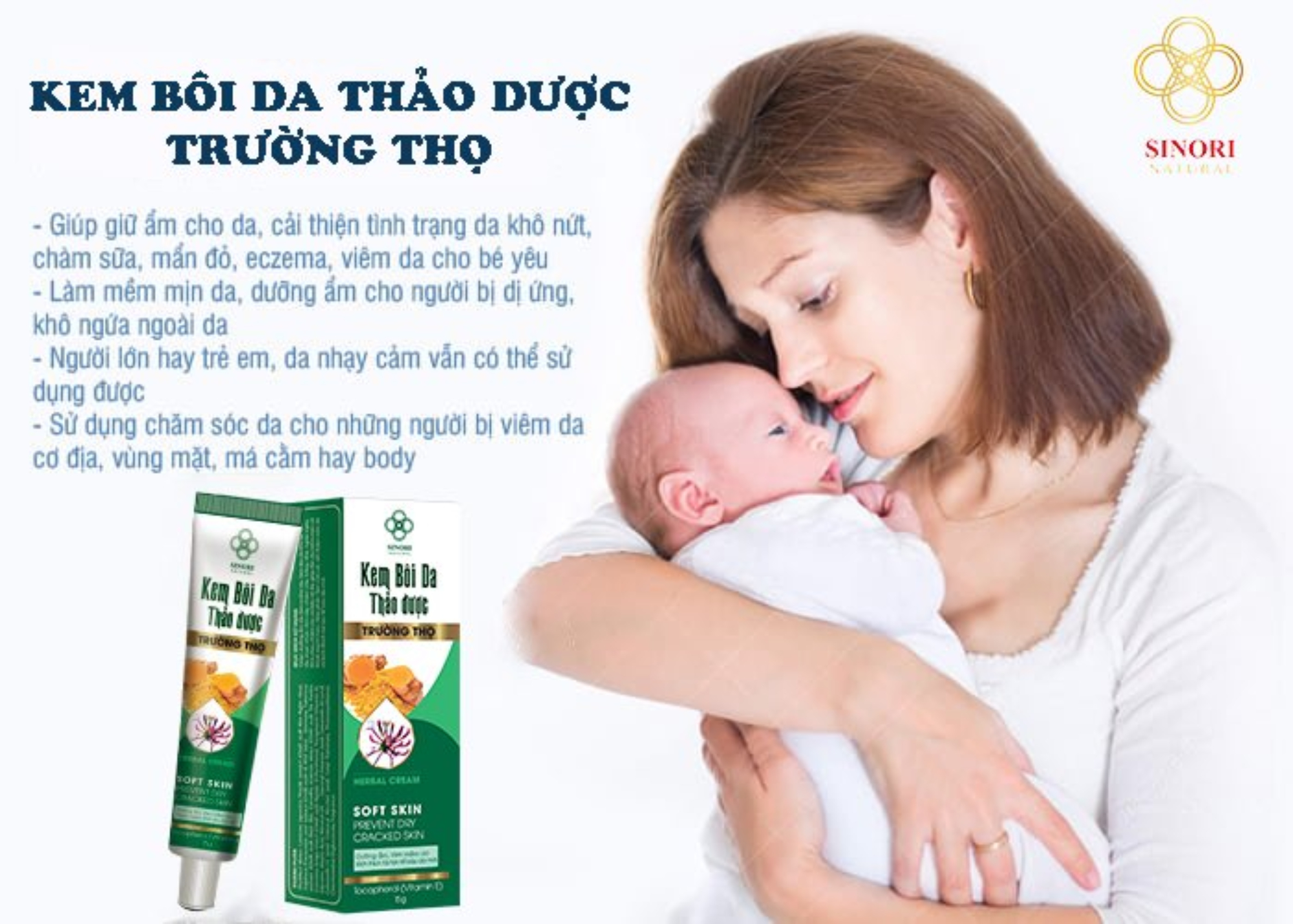 KEM BÔI DA THẢO DƯỢC TRƯỜNG THỌ SINORI HỖ TRỢ CÁC BỆNH VIÊM DA CƠ ĐỊA, VẢY NẾN VÀ Á SỪNG - TUÝP 15G