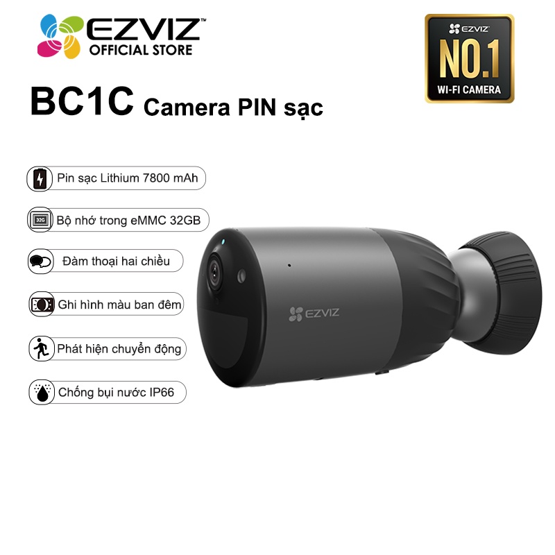 Camera wifi Ezviz không dây ngoài trời Dùng Pin Sạc BC1C + tấm pin mặt trời - Hàng chính hãng