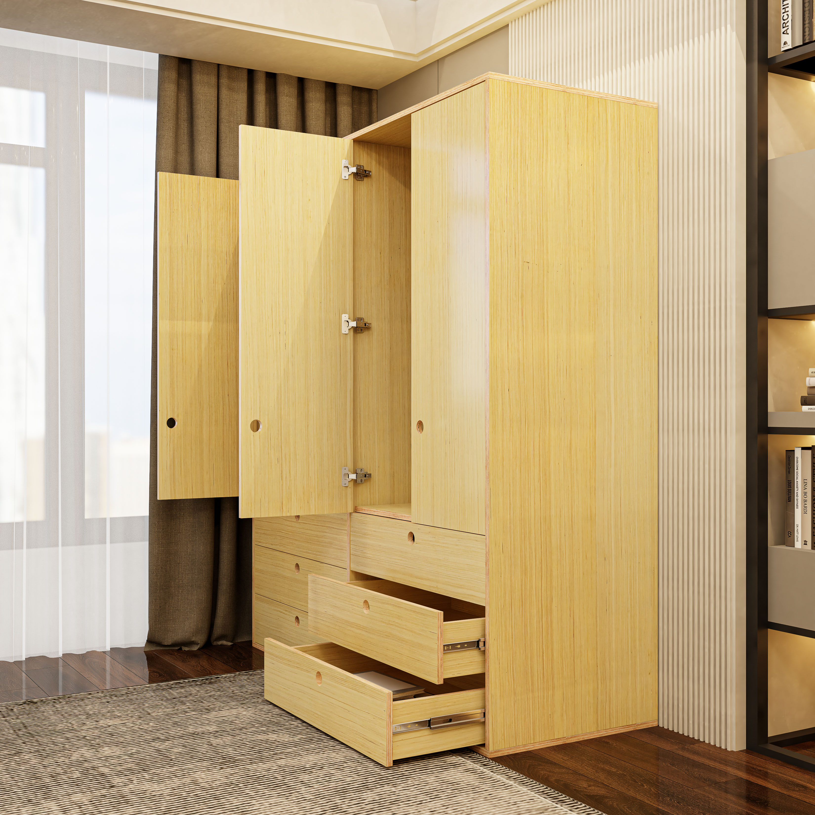 HAPPY FURNITURE , Gỗ tự nhiên , Tủ quần áo 4 cửa mở gỗ Plywood - SANARI , TCM_200 , 160cm x 59cm x 180cm DxRxC