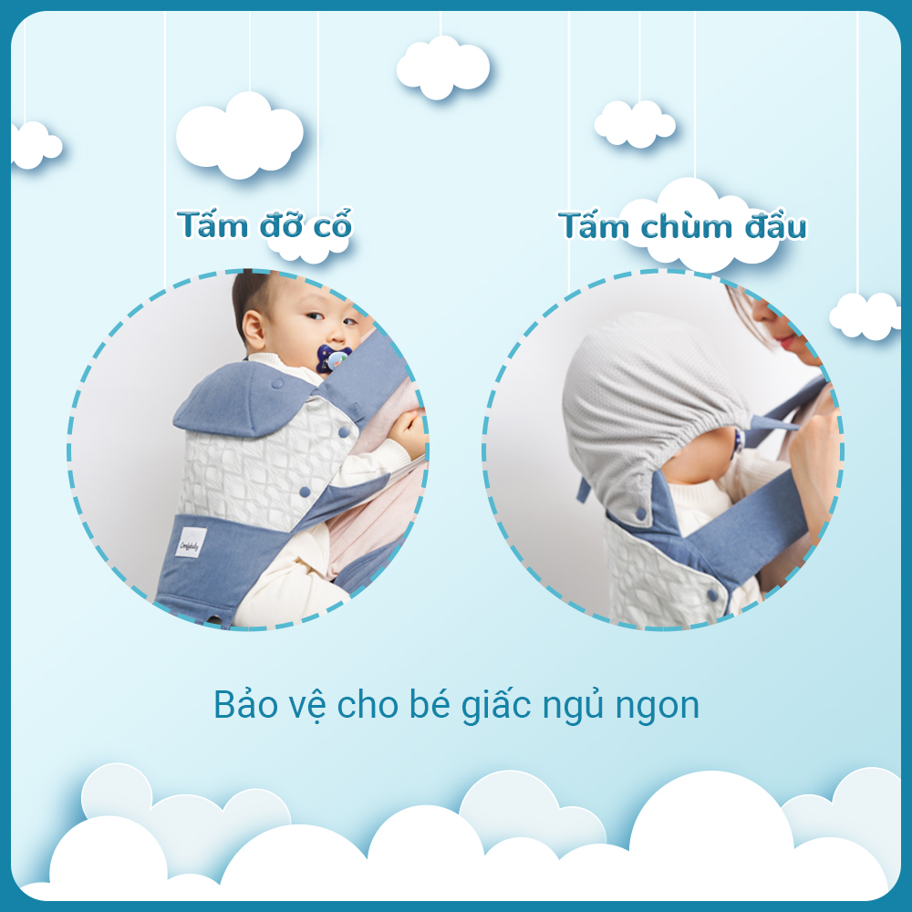 Địu ngồi trẻ em cao cấp siêu mềm - siêu thoáng 4 tư thế Comfybaby CF119HC003 cho bé từ sơ sinh tới 36 tháng có mũ đỡ đầu