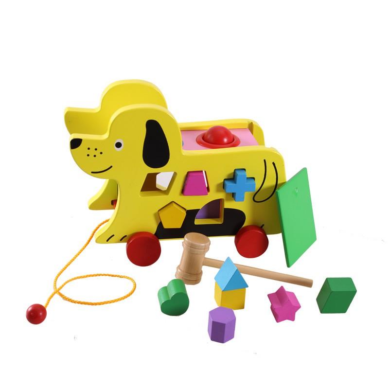 Đồ chơi đập bóng gỗ, thả khối thả hình , đồ chơi vui xe chó kéo hộp thả hình khối bộ đồ chơi gỗ trí tuệ