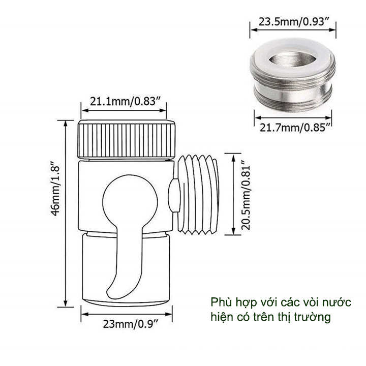 Đầu chuyển đổi vòi nước ra sen tắm, 1 đầu vào 2 đầu ra, bằng hợp kim hoặc nhựa tùy chọn