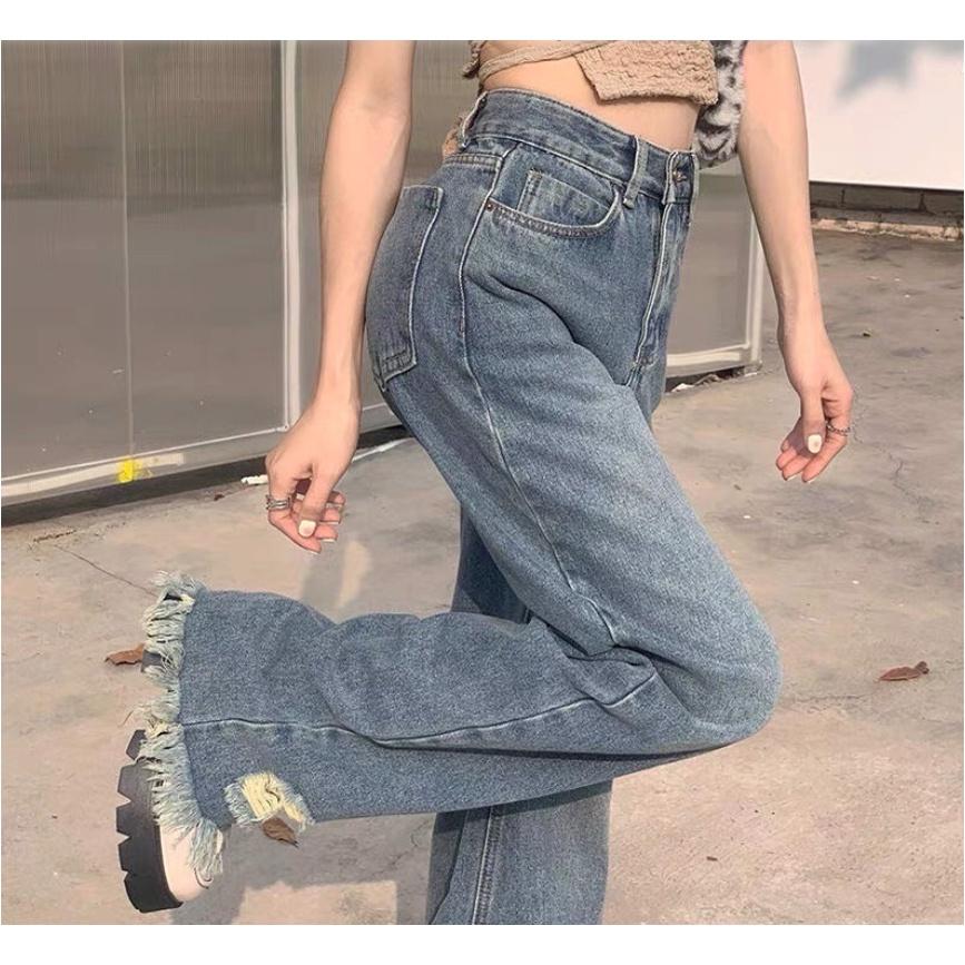 Quần jeans nữ ống rộng gấu tua rua