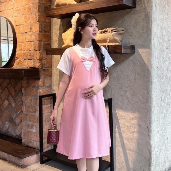 Đầm bầu yếm liền công sở cổ bèo tim đính nơ chất cotton lạnh mềm mịn dễ thương - Xanh rêu