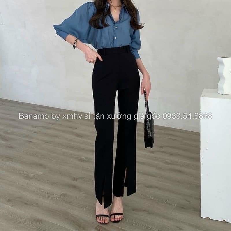 Quần vải ống loe xẻ trước cạp cao dáng xinh thời trang Banamo Fashion quần loe xẻ gấu 435