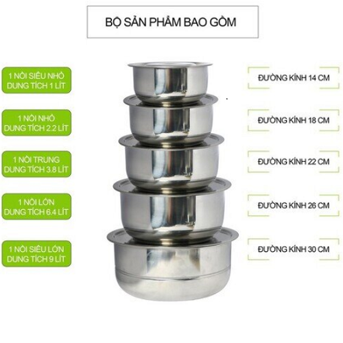 Bộ 5 nồi inox cao cấp không quai có nắp đậy đủ kích thước